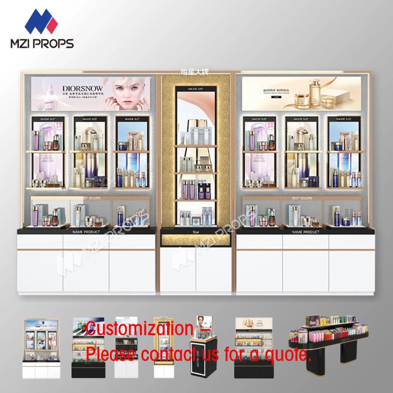 Interior Design Exhibition - เฟอร์นิเจอร์เครื่องสำอางแบบกำหนดเองพร้อมไฟ LED รุ่น Gold Series สำหรับตกแต่งภายในร้านเครื่องสำอางและงานแสดงสินค้า